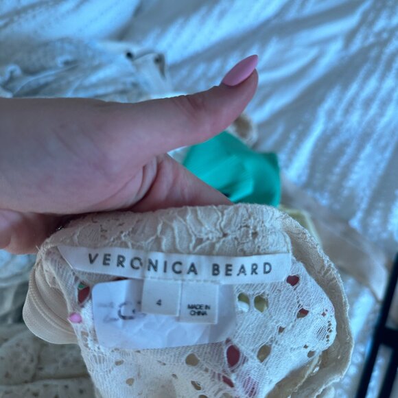 Veronica Beard Lace Mini Dress Sz 4 In Stone Khaki Button Down Ruffle Skirt - Picture 2 of 11